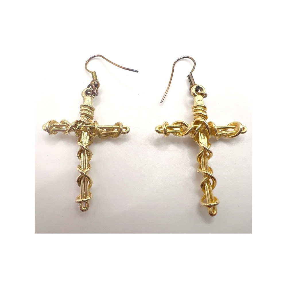Gold Tone Wire‎ Wrapped Christian Cross Earrings Religious Dangle Sculptural